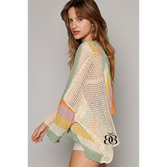 POL Half & Half Solid Striped Colorful Summer Knit Hoodie Sweater - Picture 4 of 9